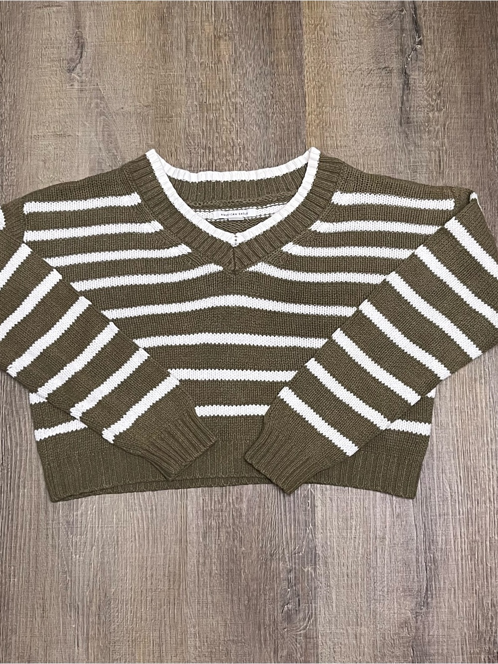 American Eagle Outfitters Olive and White Striped V-Neck Cropped Sweater